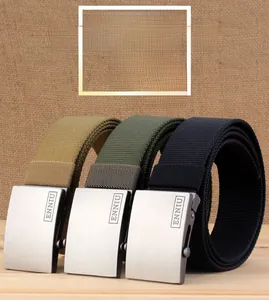 Three tactical nylon belts in khaki, army green, and black with matte metal buckles