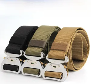Detailed view of heavy-duty nylon tactical belts in black, olive green, and coyote tan