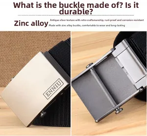 Detail of zinc alloy automatic buckle with brushed metal texture and nylon strap