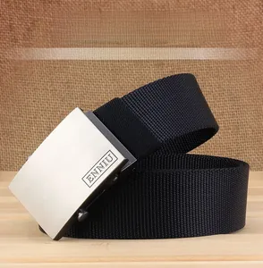 Detail shot of heavy-duty nylon webbing and brushed metal automatic buckle on tactical belt