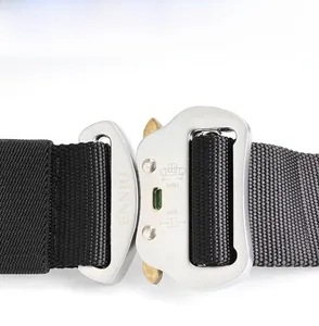 Macro shot of a silver 18KN heavy-duty tactical belt buckle with nylon webbing