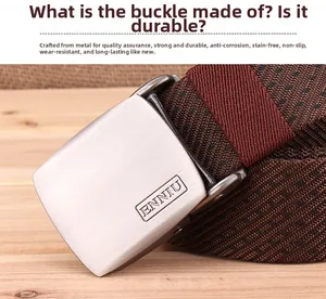 Macro detail of men's nylon belt with brushed silver buckle and woven texture
