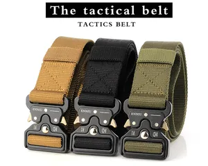 Three heavy-duty nylon tactical belts in khaki, black, and green with metal buckles