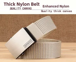 Detailed macro view of the thick beige nylon tactical belt with a brushed metal buckle