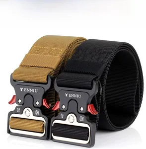 Detail of military tactical nylon belts with quick-release zinc alloy buckles and 24kN strength