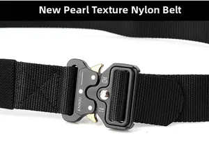 Detail of ENNIU tactical belt showing new version pearl pattern nylon and buckle