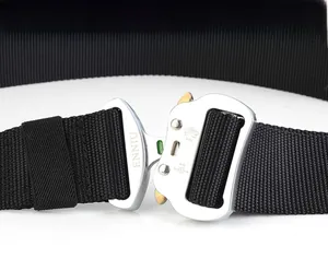 Detailed close-up of quick-release aluminum buckle on a durable nylon tactical belt