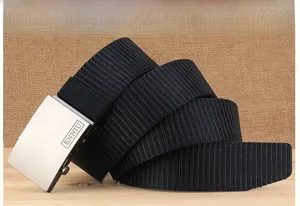 Detail of black tactical nylon belt featuring a silver matte anti-allergy metal buckle