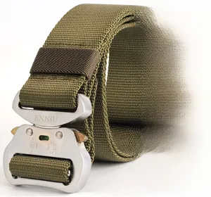 Detail of army green nylon tactical belt with quick-release 18kN aluminum buckle