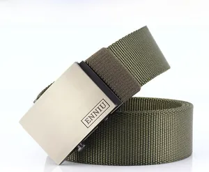 Close-up of army green nylon tactical belt with brushed metal buckle and ENNIU branding