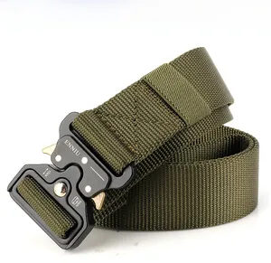 Macro detail of military green nylon tactical belt with a black heavy-duty quick release buckle