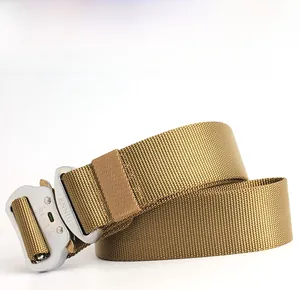 Detail of khaki tactical nylon belt showing the metal buckle and thick woven texture
