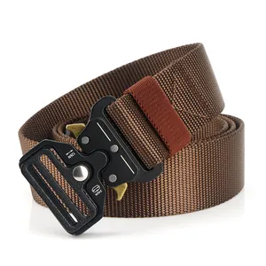 Detailed macro of tactical nylon belt with 24kN metal quick-release buckle and side trigger