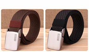 Detail of outdoor tactical nylon belts with brown twill and black red dot patterns