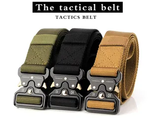 Detail of high-density nylon tactical belt featuring matte black metal quick-release buckle