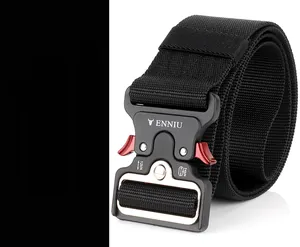 Macro detail of military tactical belt buckle with quick release mechanism and nylon strap