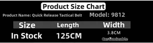 Detailed size chart for quick release tactical belt showing 125cm length and 3.8cm width