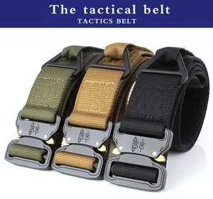 Close-up of tactical belts in black, green, and tan with metal quick release buckles