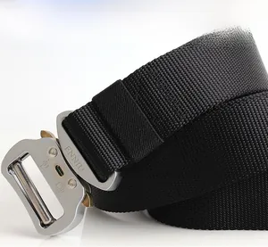 Close-up of thick nylon tactical belt featuring 18kN silver alloy quick release buckle