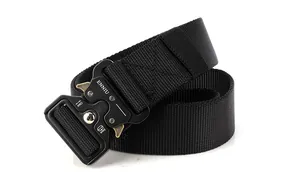 Close-up of quick-release tactical belt buckle with nylon webbing and load specifications