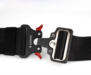 Close-up of tactical nylon belt metal buckle with red quick release side levers