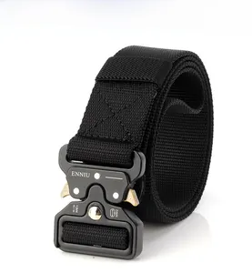 Detail view of heavy-duty nylon tactical belt with metal quick-release buckle and load specs