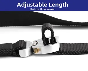 Detail of adjustable black tactical belt showing durable silver quick-release metal buckle