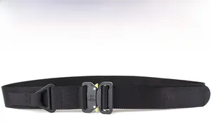 Detail of black nylon tactical belt with metal quick-release buckle and triangle ring