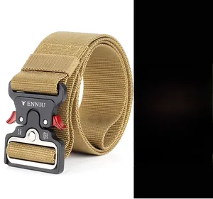 Detail of military tactical belt showing high-strength 12KN 24KN metal quick release buckle