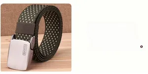 Close-up of olive green tactical belt with metal buckle and brushed steel finish