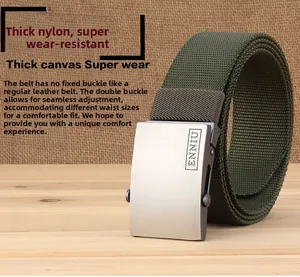 Macro detail of military green nylon tactical belt with matte metal buckle adjustment