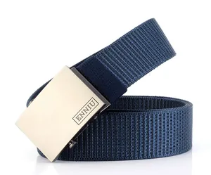 Detailed view of dark blue nylon belt with brushed silver metal automatic buckle