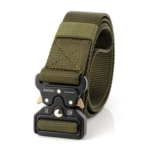 Close-up of olive green tactical nylon belt with 12KN black metal quick release buckle