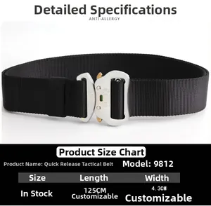 Size chart for tactical nylon belt with dimensions 125cm length and 4.3cm width