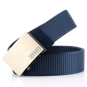Close-up of navy blue nylon webbing belt with brushed silver automatic metal buckle