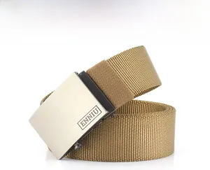 Close-up of khaki nylon tactical belt with brushed metal buckle and ENNIU engraving