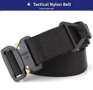 Detail of 4.5cm wide tactical nylon belt featuring heavy-duty quick release metal buckle