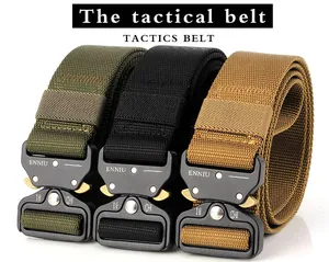Three-piece tactical nylon belt set with quick-release metal buckle and tensile strength markings