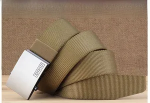 Close-up of tactical nylon belt with brushed metal buckle and anti-allergy feature