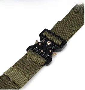 Close-up of zinc alloy quick-release buckle on heavy duty nylon tactical belt
