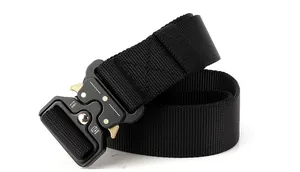 Macro shot of nylon tactical belt with heavy-duty metal quick release buckle 12kN