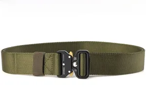 Detail of army green nylon tactical belt with black heavy-duty quick-release buckle