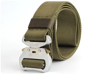 Macro detail of military green nylon tactical belt with durable aluminum buckle and markings