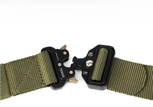 Close-up of quick-release tactical belt buckle with 24kN load rating in military green