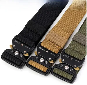 Detailed macro view of quick release metal buckles on nylon tactical belts in three colors