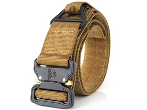Detail of tan tactical nylon belt featuring heavy duty quick release metal buckle