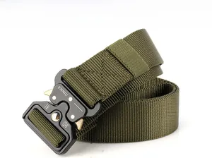 Detail of army green nylon tactical belt with pearl-grain quick-dry texture and alloy buckle