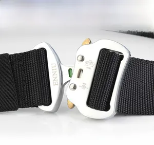 Macro detail of high-strength nylon tactical belt with a quick-release aluminum alloy buckle
