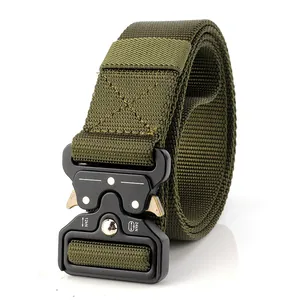 Detail of army green nylon tactical belt showing black metal buckle with 24kN load rating
