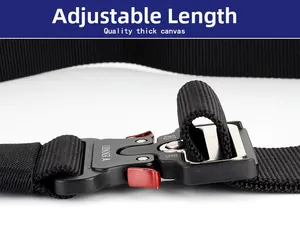 Detail of a tactical nylon belt featuring a heavy-duty quick release metal buckle